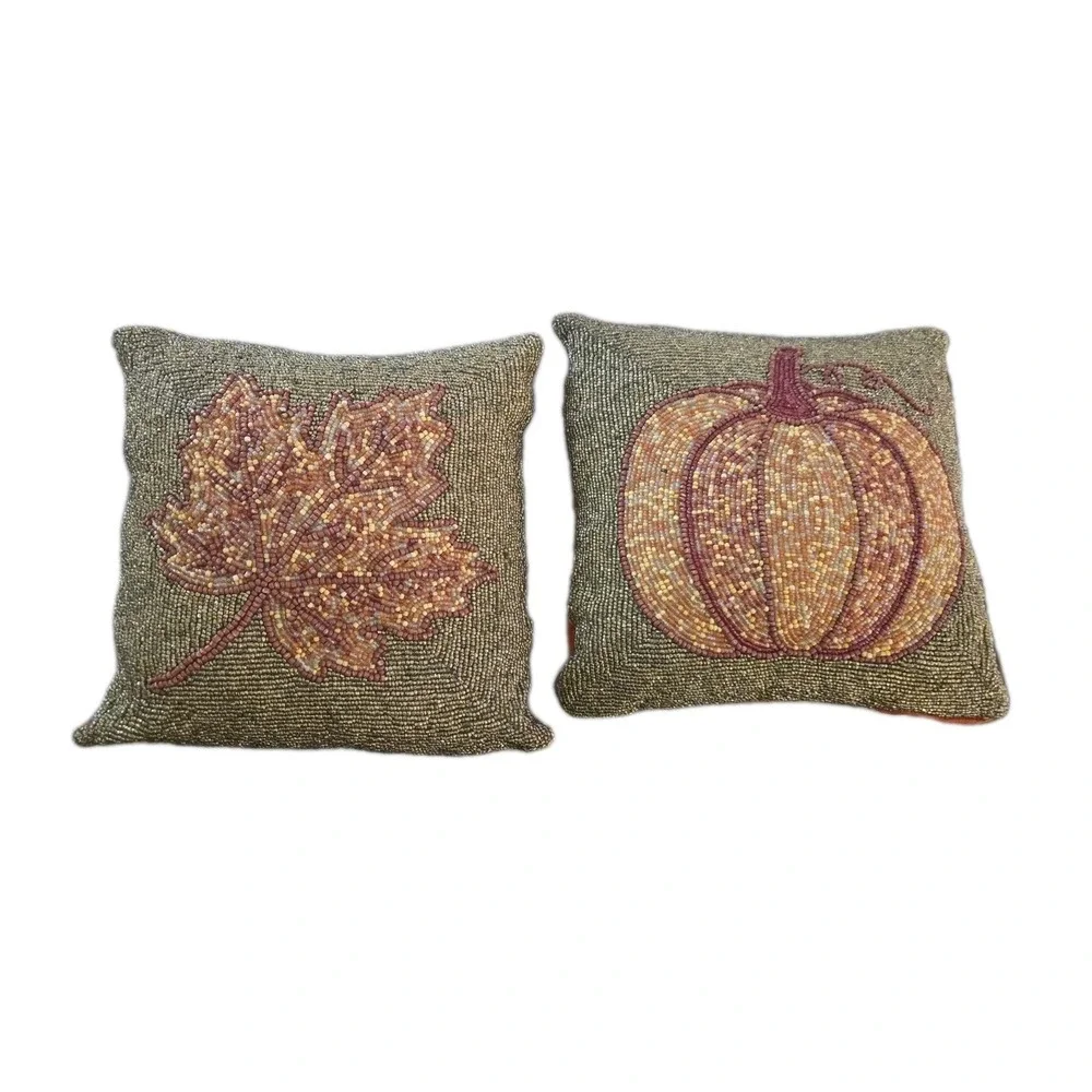 Lot‎ 2 Autumn Hill Beaded Fall Throw Pillows Pumpkin & Maple Leaf Harvest Decor